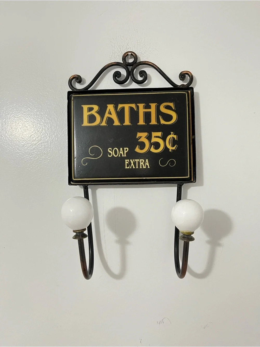 Vintage Metal Ceramic Tile 'Baths' Wall Hook with White Knobs